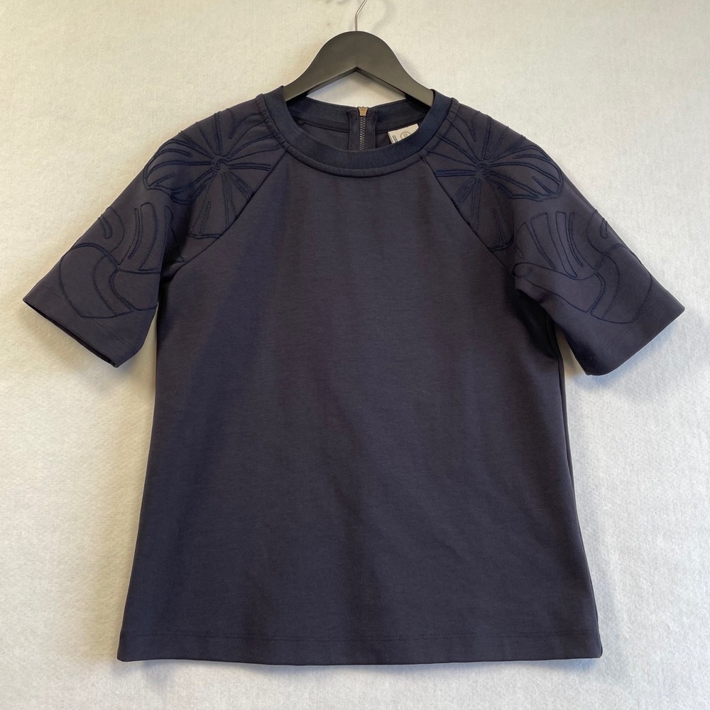Bogner Womens Navy Blue Floral Embroidered Raglan Short Sleeve Top US 4 XS